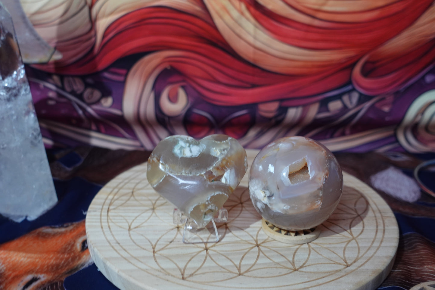 Flower Agate Heart & Sphere