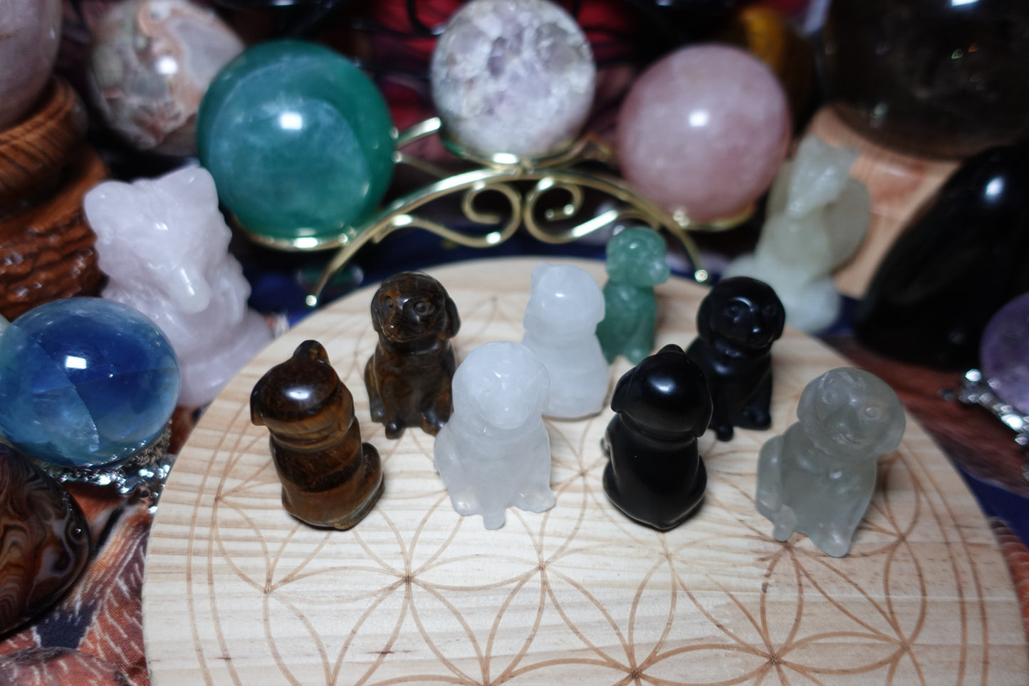 Dog Carving - Tiger Eye, Black Obsidian, Fluorite, Clear Quartz