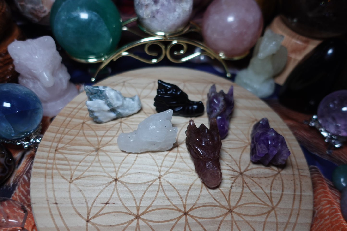 Dragon Head Carvings - Amethyst, Moss Agate, Strawberry Quartz, Clear Quartz, Black Obsidian