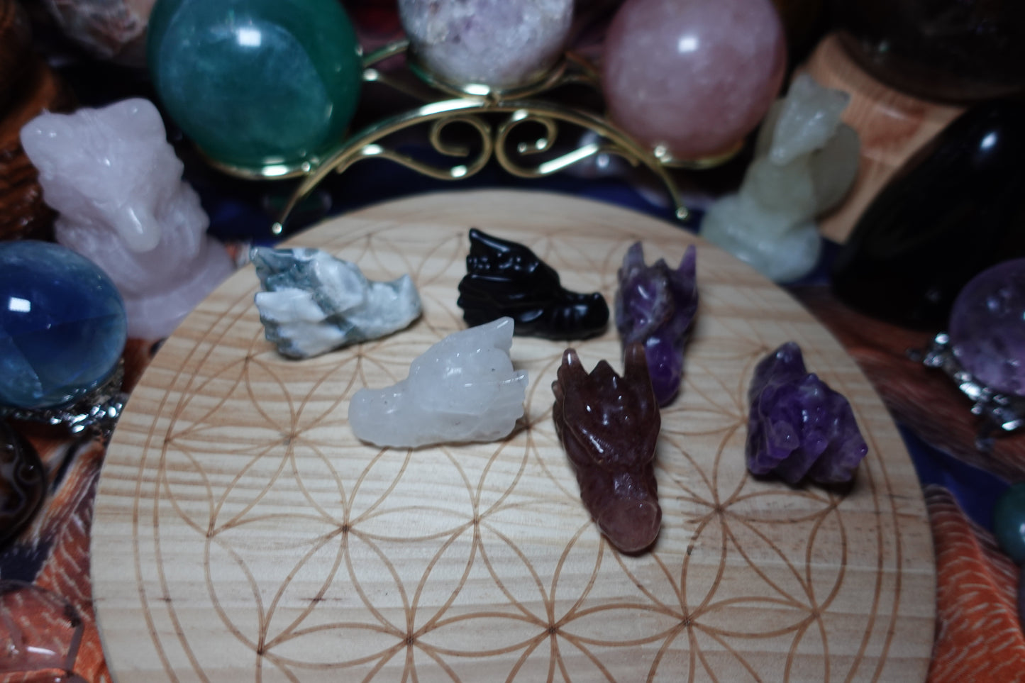 Dragon Head Carvings - Amethyst, Moss Agate, Strawberry Quartz, Clear Quartz, Black Obsidian