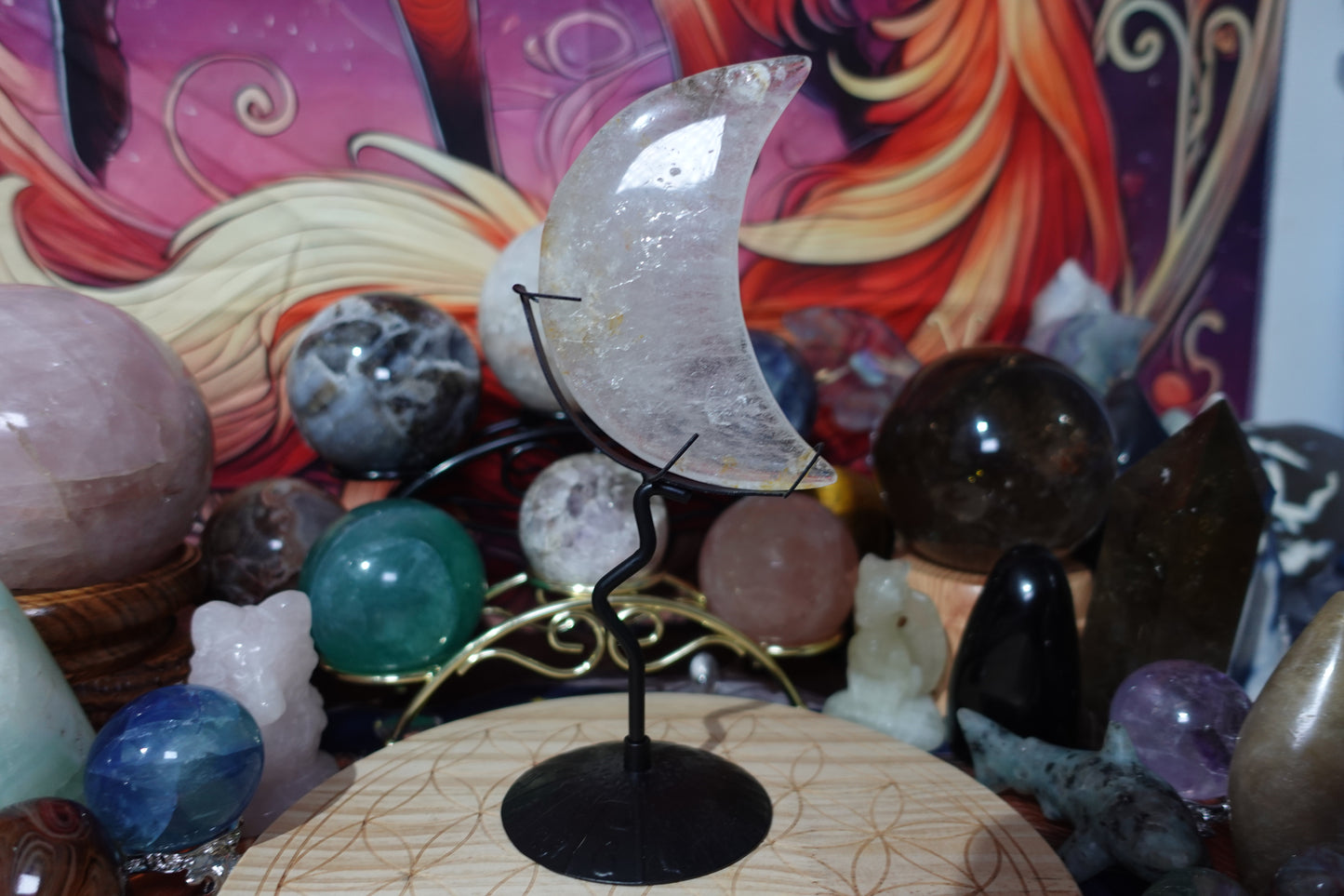 Clear Quartz Moon Carving with Stand