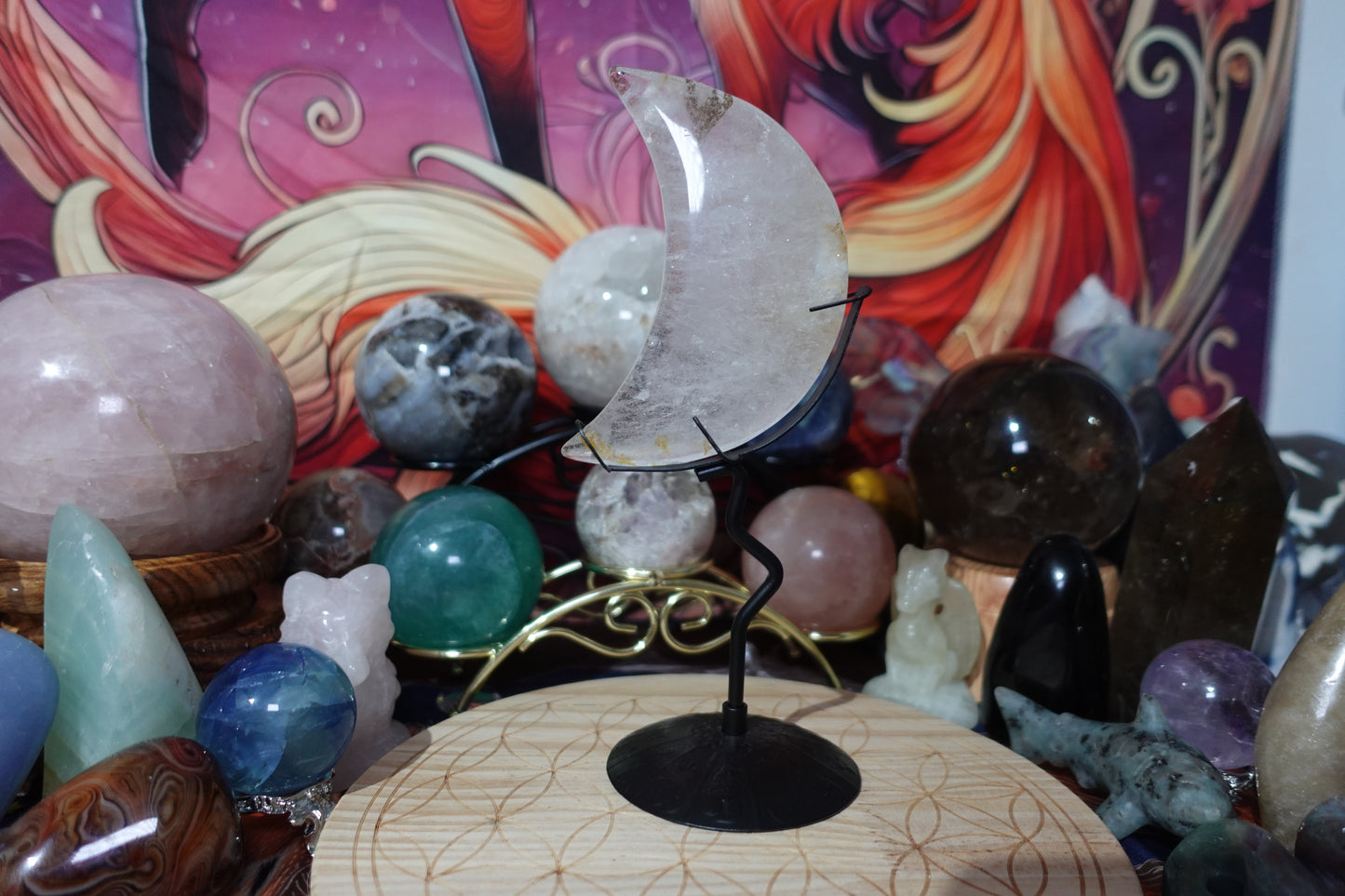 Clear Quartz Moon Carving with Stand