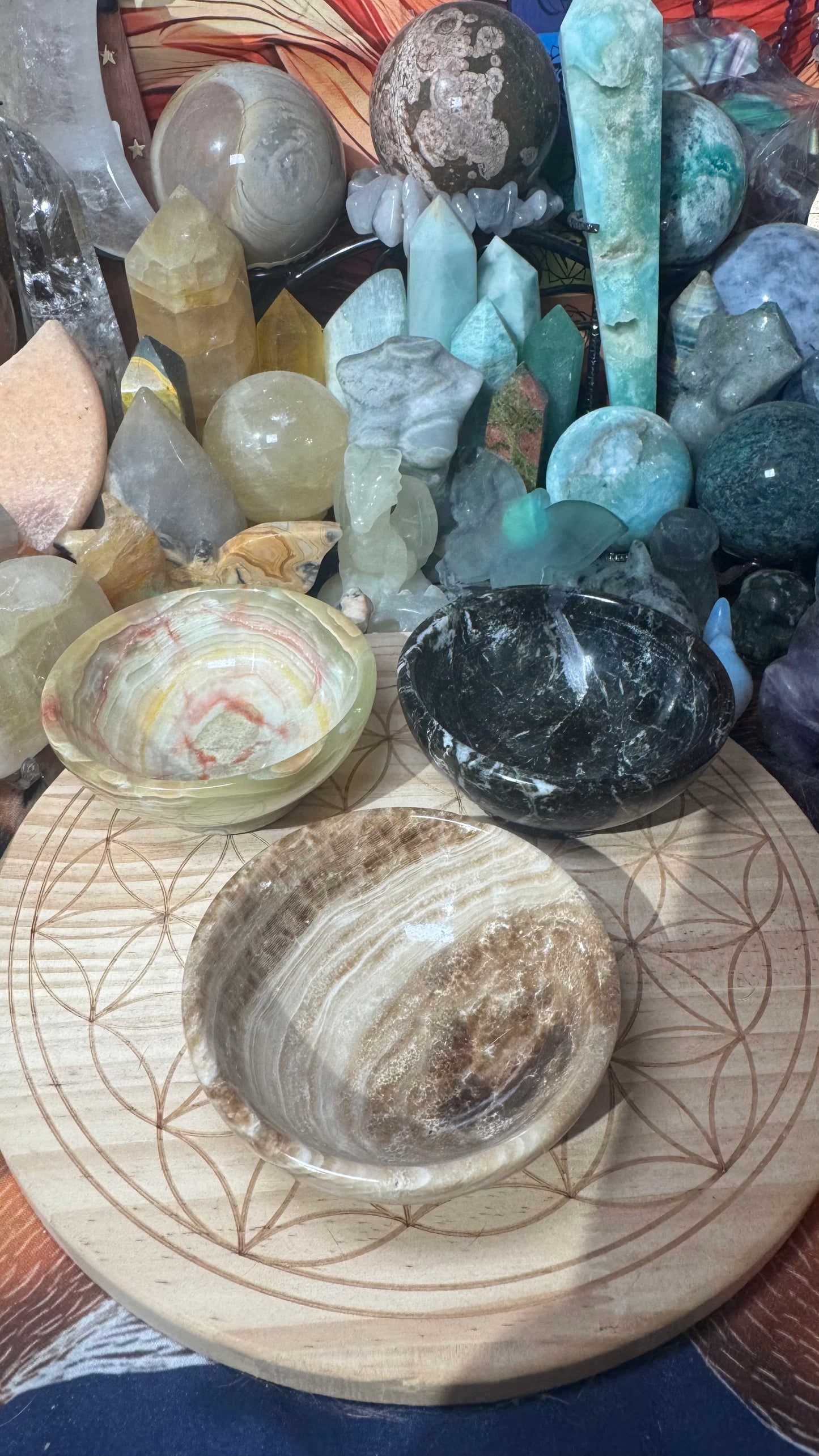 Small Crystal Bowls - Pistachio Calcite, Chocolate Calcite, Basanite jasper