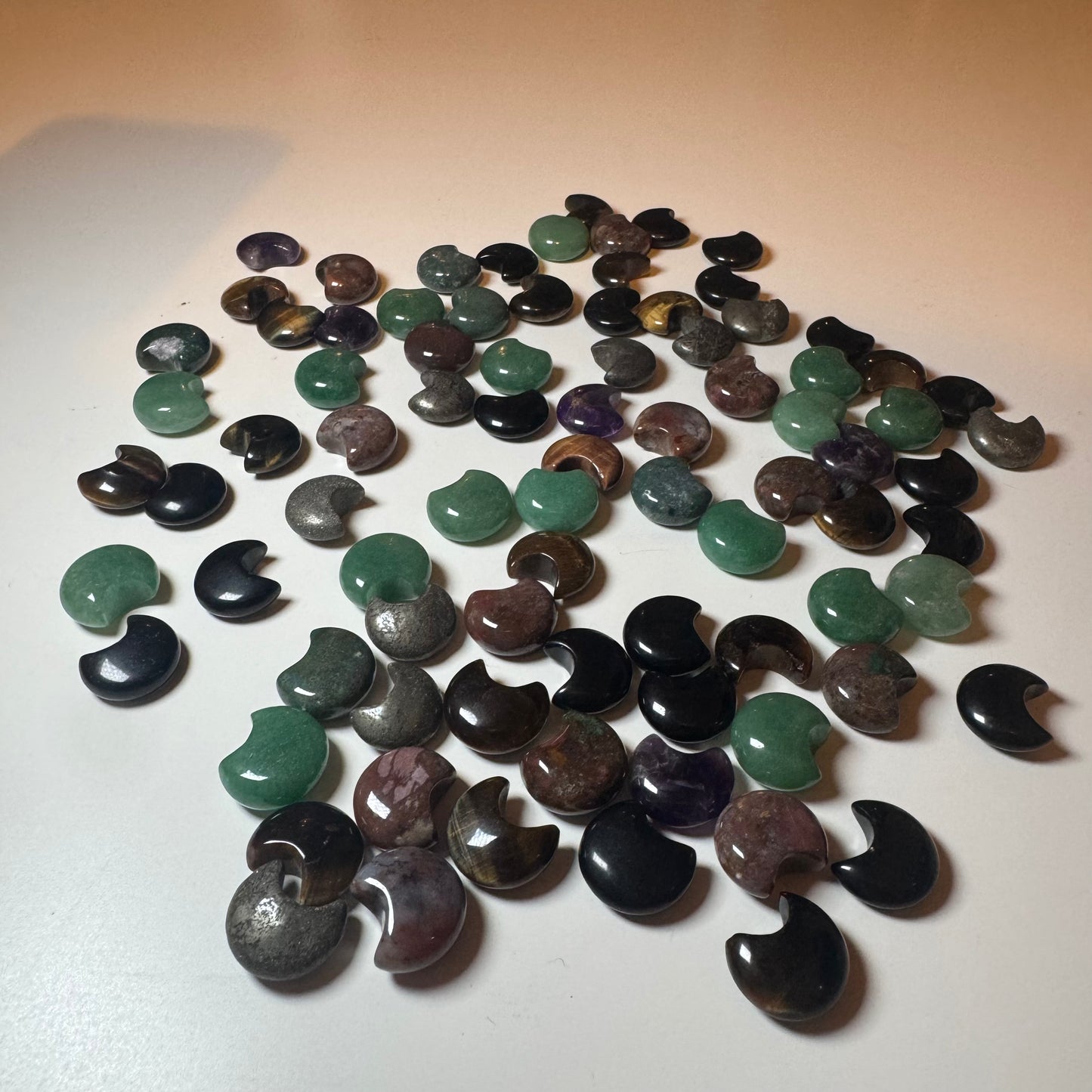 Tiny moon carvings - Green Aventurine, Tiger eye, Pyrite, Obsidian, Ocean Jasper, Amethyst