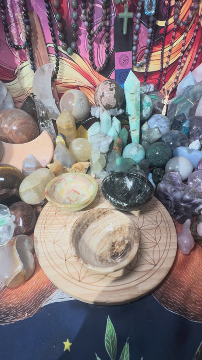 Small Crystal Bowls - Pistachio Calcite, Chocolate Calcite, Basanite jasper